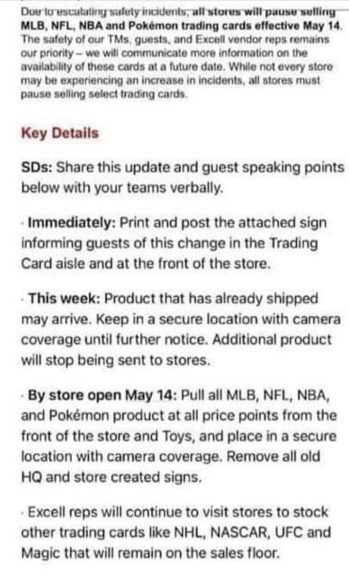 Internal memo sent to Target employees regarding the halting of selling  in-demand trading cards.
