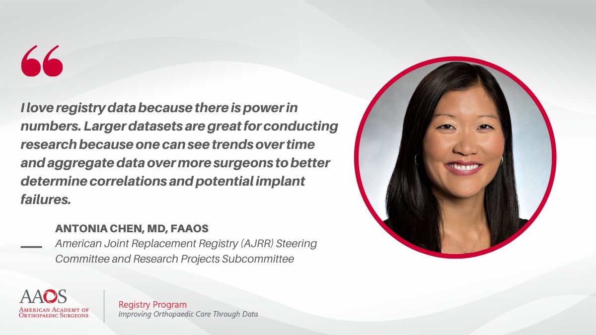 AAOS1's tweet image. .@DrAntoniaChen volunteers with the AJRR Steering Committee and Research Projects Subcommittee. We asked her to weigh in on why she loves #registrydata, and how she's utilizing data from the AJRR. Read what she had to say: bit.ly/3ofZZZm #ILoveMyOrthoRegistry