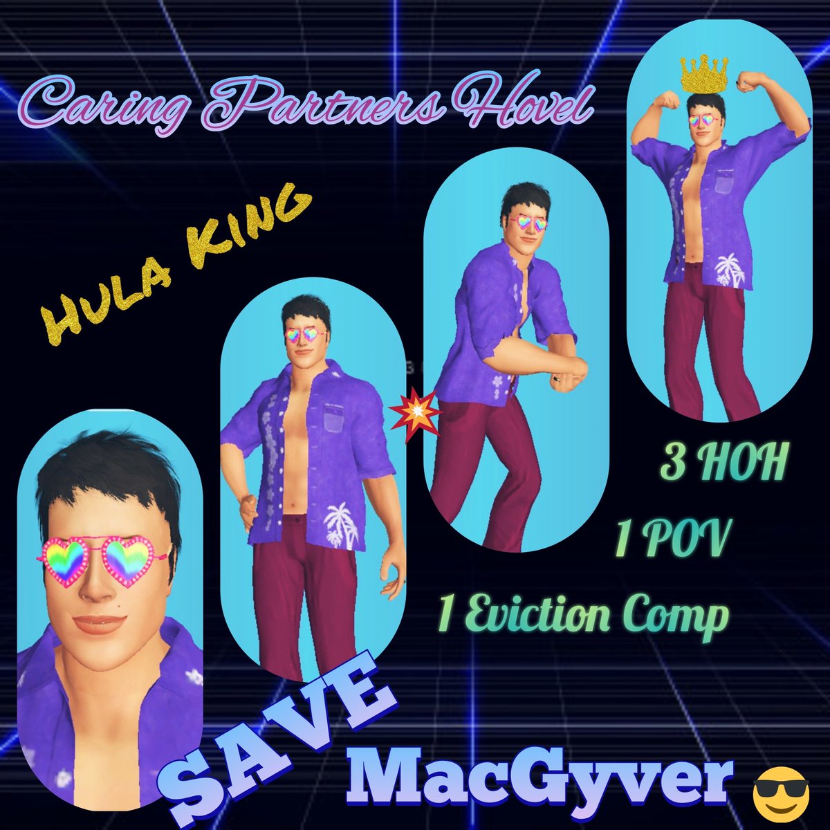 MacGyverBBTG's tweet photo. Save MacGyver! Caring Partners Hovel

😎 Hula King, won all 3 Hula HOH
😎 Won 1 POV &amp; evict comp
😎 No immunities

Please evict either:

Dasheroo - took player that skipped most comps and votes to F3 

OR

RyanWilliam - the player who skipped the comps and the votes. Your choice! https://t.co/ZBnL3QOd3x