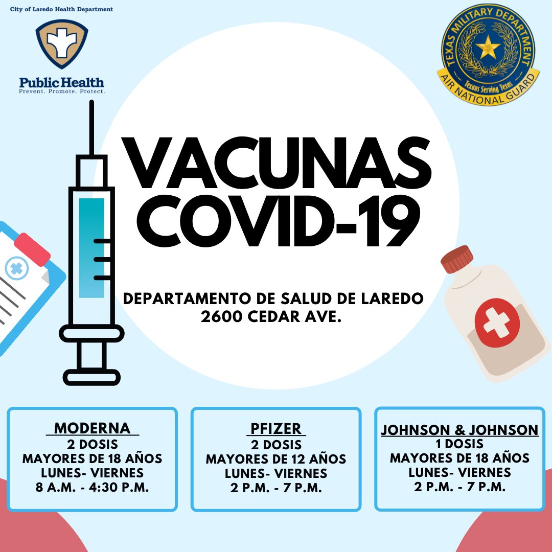 cityoflaredo's tweet image. 💉 COVID-19 Vaccines available Monday through Friday at the Laredo Health Department, 2600 Cedar Ave. 

****

💉 Vacunas contra el COVID-19 disponibles de lunes a viernes en el Departamento de Salud de Laredo, 2600 Cedar Ave.