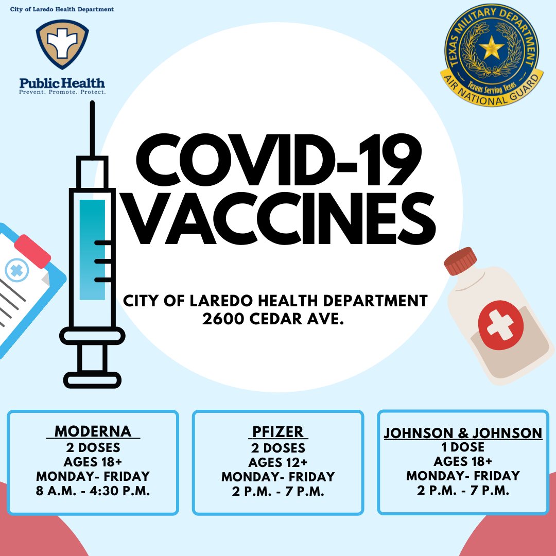 cityoflaredo's tweet image. 💉 COVID-19 Vaccines available Monday through Friday at the Laredo Health Department, 2600 Cedar Ave. 

****

💉 Vacunas contra el COVID-19 disponibles de lunes a viernes en el Departamento de Salud de Laredo, 2600 Cedar Ave.