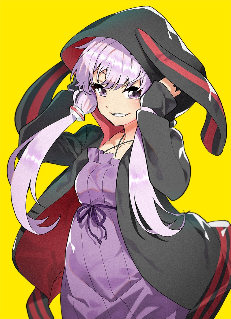 yuzuki yukari 1girl solo hood dress yellow background purple eyes smile  illustration images