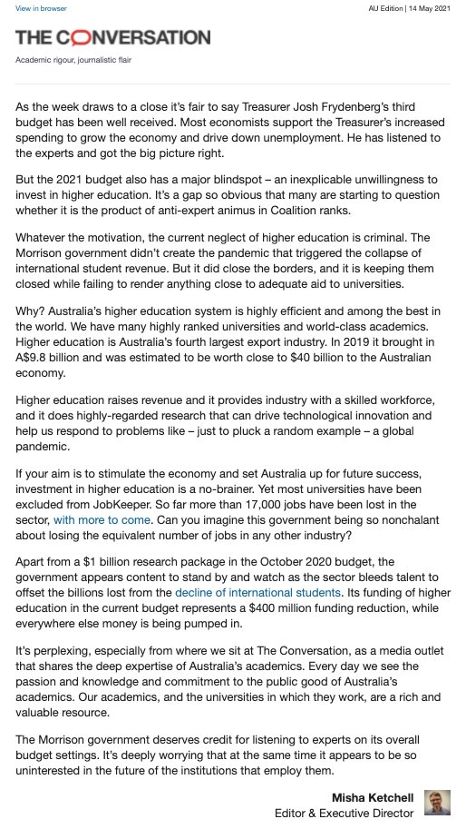 "...most universities have been excluded from JobKeeper. So far more than 17,000 jobs have been lost in the sector, with more to come. Can you imagine this government being so nonchalant about losing the equivalent number of jobs in any other industry?"