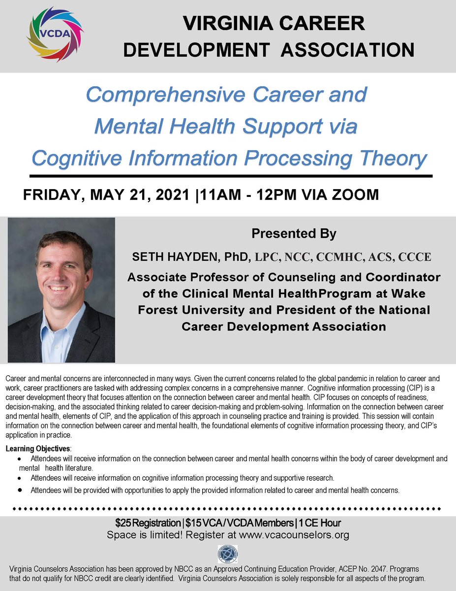 VA_CDA's tweet photo. We invite you to join us for a special webinar on May 21st with Dr. Seth Hayden (See the attached flyer for more details)! Participants will receive 1 NBCC credit. 
https://t.co/PLj4VCFQ3B
The fee is $25.00 or $15.00 for VCA / VCDA members.
Registration closes May 19th. https://t.co/53Eud8havU
