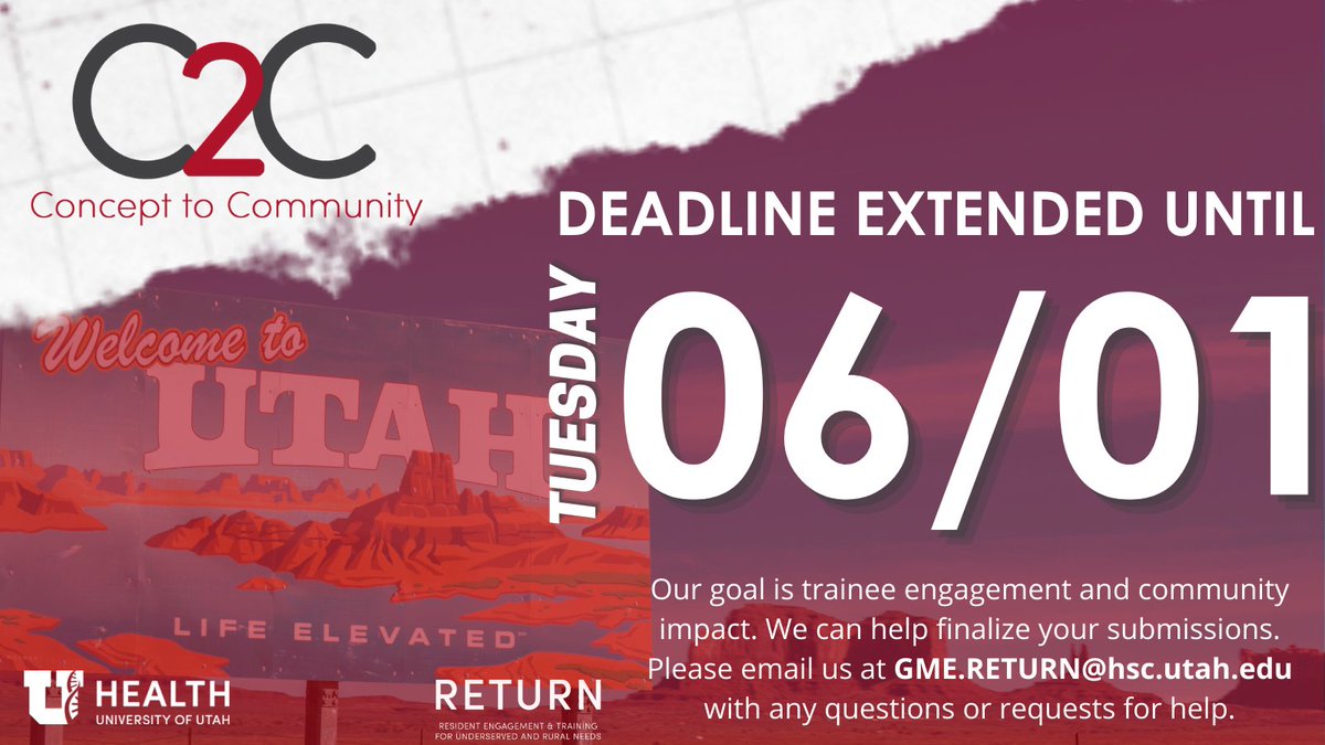 GMERETURN's tweet photo. It's not too late to submit your C2C project application - deadline has been extended to June 1st!⏰🗓️ Winning projects can receive up to $5000 to bring their ideas to life. Need to find a team or have questions?  GME.RETURN@hsc.utah.edu! 
More details: https://t.co/cxKb39mjqV https://t.co/5ZEoBEYFeP