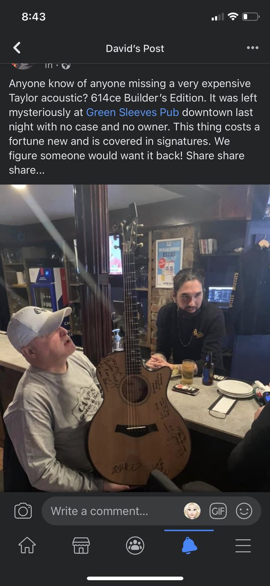 Do you know who owns this beautiful Taylor Guitar left at @greensleevespub ?

Please share!!