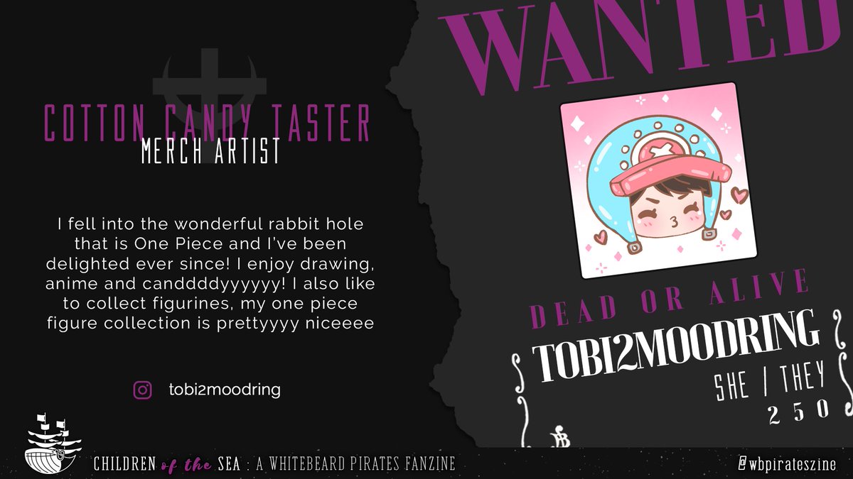 wbpirateszine's tweet photo. 🏴‍☠️ Contributor Spotlight: tobi2moodring 🏴‍☠️

Who will protect the crew from poison cotton candy? None other than our official cotton candy taster! She is also one of our skilled Merch Artists!! 💜

☠️ Support them at: 
Instagram: https://t.co/CIiMoqCEo0 https://t.co/10VQW3WVXr