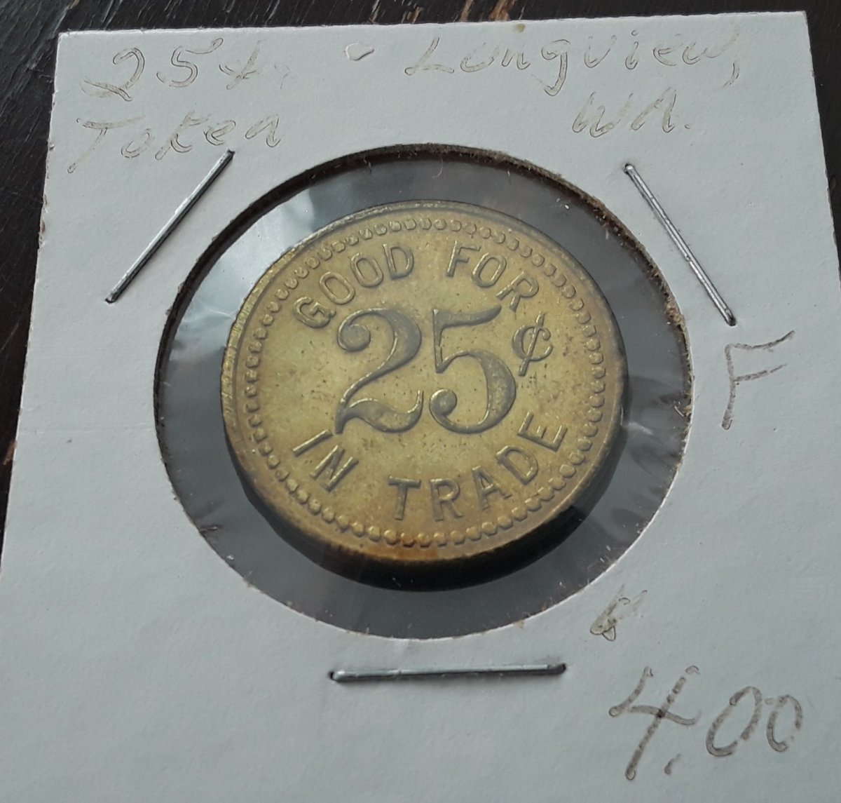 chadwicksirnio's tweet photo. #MrsCFA and I checking out some antique stores while on vacation and we found a cool trade token from our Hometown! Added it to the souvineers from our trip! #coinsforamateurs #tradetoken https://t.co/zVyfhETMa9