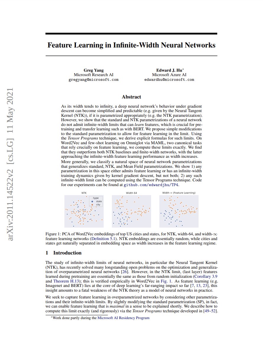 Montreal_AI's tweet photo. Feature Learning in Infinite-Width Neural Networks
Greg Yang, Edward J. Hu: https://t.co/g97N9ztuUh
#MachineLearning #DisorderedSystems #NeuralNetworks https://t.co/d3YGR0PxdY