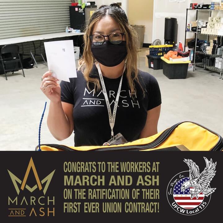 UFCW135's tweet photo. #UFCW #Local135 is proud to announce that #cannabisworkers at @MarchandAshCan  locations in City Heights, Vista &amp; Imperial have accepted &amp; ratified their 1st ever union contract.

Congrats to all of the workers! Welcome to your union!
#unionproud #unionstrong #unioncannabis #1u https://t.co/W05owf0tBw