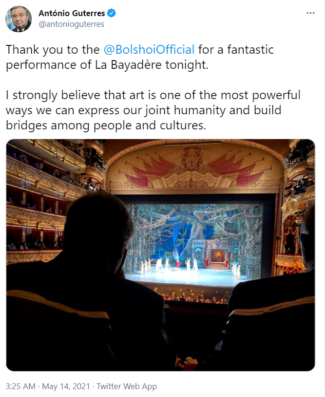 SirJohnRoe's tweet photo. At the time when Israel is killing children, women and innocent civilians in Gaza, the Secretary-General of the United Nations is watching theatre. #GazaUnderAttack https://t.co/63Rz0FRqAm