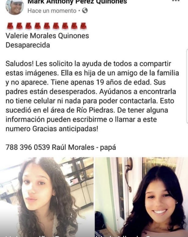 nsebazco's tweet photo. ¡ATENCIÓN! Joven de 19 años reportada como desaparecida. Valerie Morales. Sus padres están desesperados y piden  ayuda a la ciudadanía para localizarla. La joven tiene el cabello teñido de color rojo y viste mahones y camisa negra. Área Guaynabo. 787 396 0539 Cano Morales (padre) https://t.co/0SdCOyJ4VN