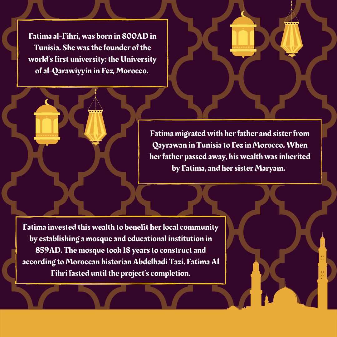 sgulisoc's tweet photo. 🌟THE ISLAMIC GOLDEN AGE🌟

This week, we take a look at Fatima al-Fihri - the founder of the first degree awarding university! https://t.co/7JoAWzsAvA