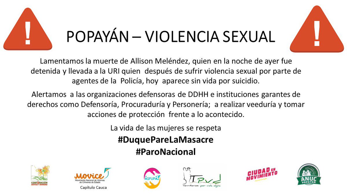 hassertoo21's tweet photo. @JUANCAELBROKY @ElParcheCritico Hola por favor ayuden a difundir esto: En #Popayan Ayer Alisson Melendez fue detenida arbitrariamente ayer 12/05/21 fue llevada a la URI donde fue agredida sexualmente, hoy 13/05/21 apareció sin vida. 
#SinCapucha #ParoNacional13M https://t.co/PgUlcKTFX4