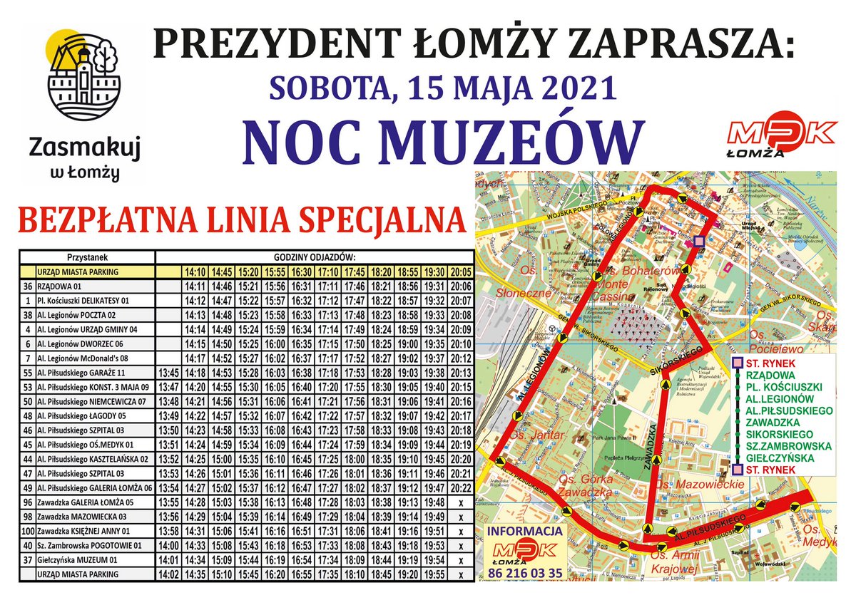 Decyzją Prezydenta Łomży Mariusza Chrzanowskiego, w dniu 15 maja MPK uruchomi bezpłatna linię autobusową. Jej kursowanie związane jest z odbywającą się w tym dniu „Nocą Muzeów” i ma umożliwić łatwe dotarcie do działających w mieście placówek kultury - Od godz. 14:00 do 20:00.