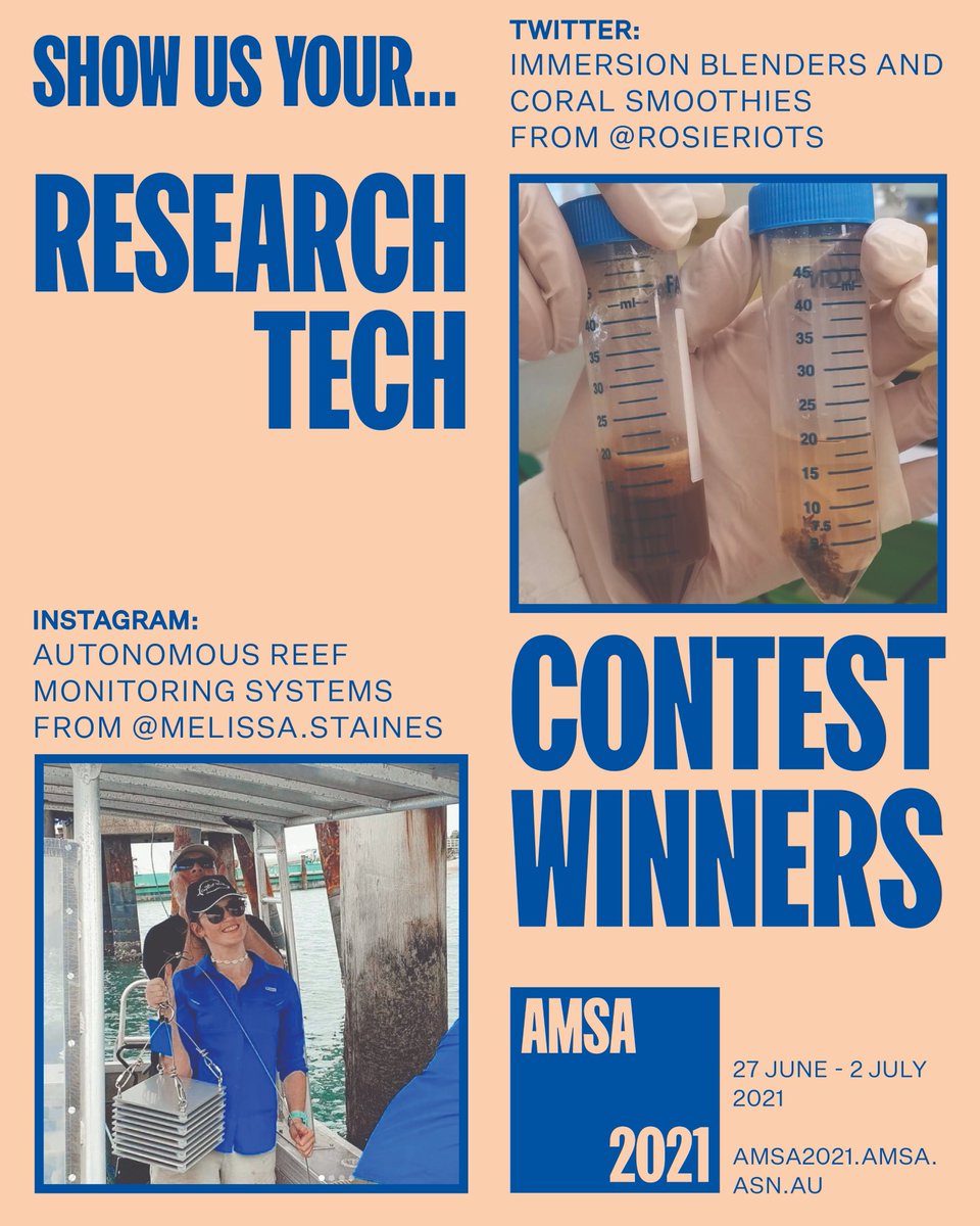 AMSAconf's tweet image. Congratulations to our winners for the 3rd week of #AMSA21contest! @RosieRiots showed us her immersion blender for whizzing up corals &amp;amp; @Melissa_Staines showed off the ARM system for biodiversity monitoring. Very cool tech indeed! Looking forward to seeing you both at #AMSA21!