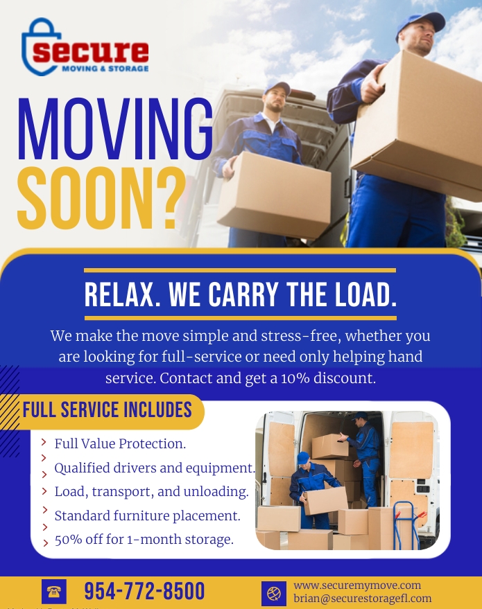 Moving soon! Sit back and relax because our team will carry the load. Our team will pack and unpack stuff carefully as their own. Hire and get a 10% now.
 
🌐  Securemymove.com