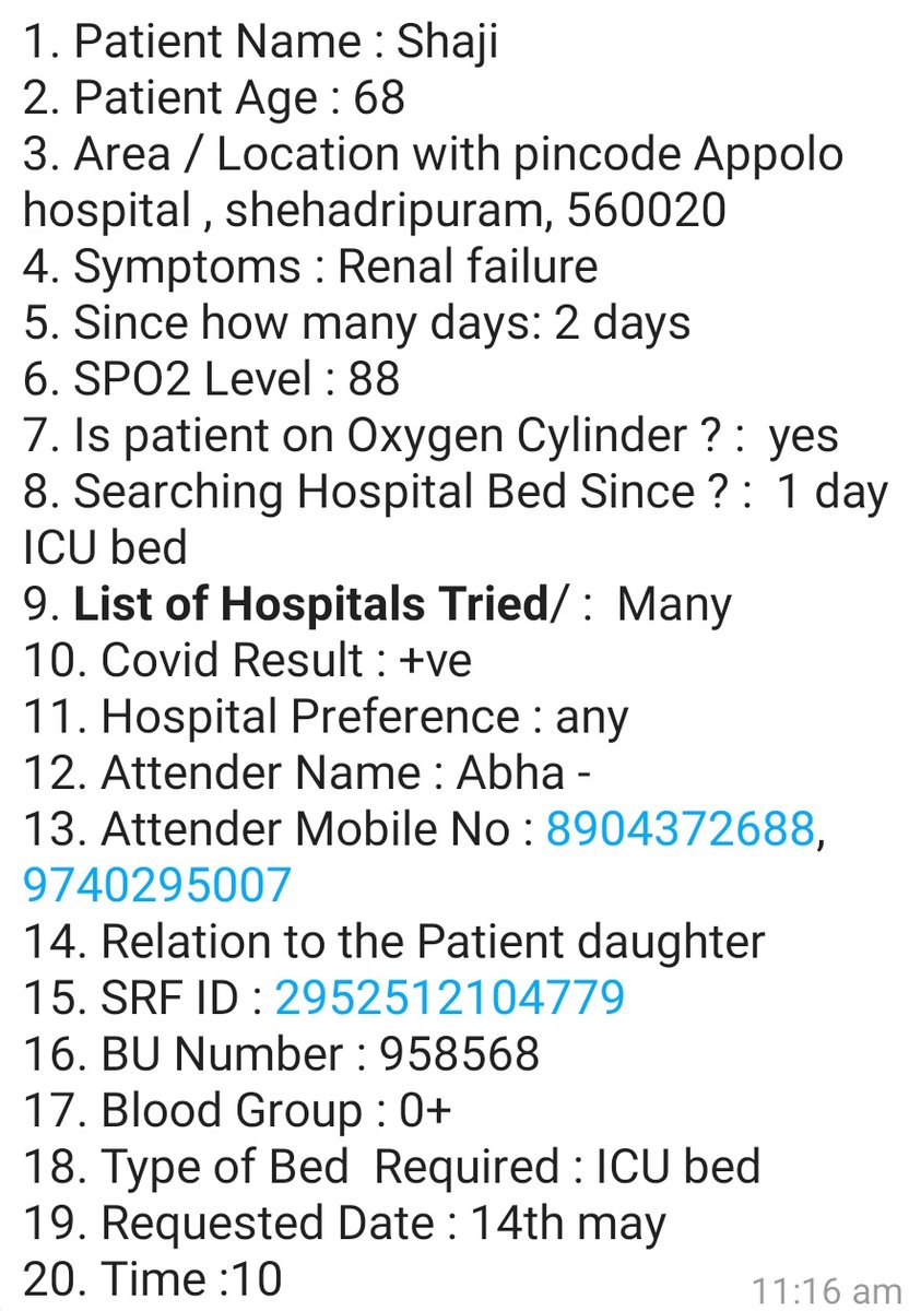 JimmyChacko301's tweet photo. @SonuSood Request for ICU bed in Bangalore. #ICUBeds #bangalorecovid Please contact Mob: 8904372688 or 9740295007 if any of you are able to help. Details in the required format added as image. 🙏🙏🙏 https://t.co/V9CGzlFUrs