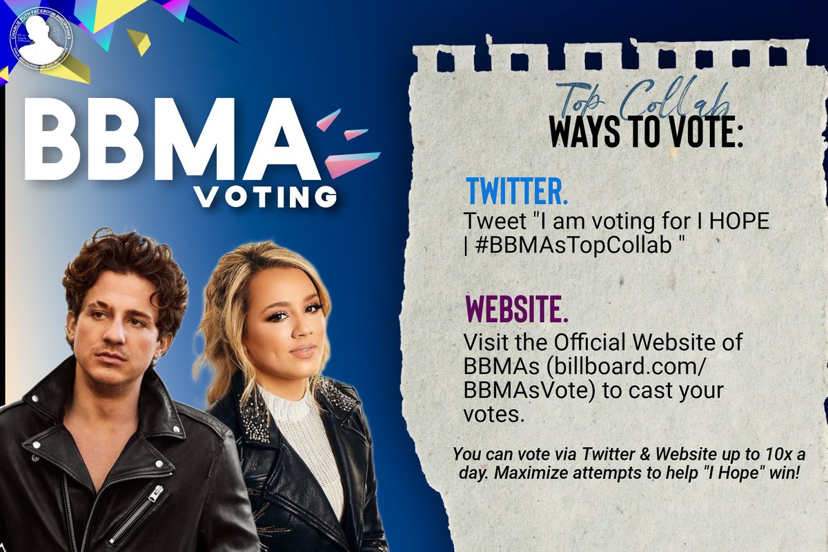 charlietweetsph's tweet photo. 🚨ATTENTION CPF🚨
Vote for @GabbyBarrett_ & @charlieputh for #TopCollab in #BBMAs2021
Up to 10x per day via Twitter/Official Website. https://t.co/eJBJlgwb9E
More info about BBMA voting lines: @CharlieVotes https://t.co/UmRukmUurl