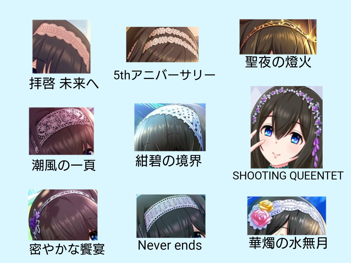 ぶるーふれあ 鷺沢文香 文を重ねて10の頂へ 第10回シンデレラガールズ総選挙 鷺沢文香といえば ヘアバンドやカチューシャ 文香のカードを見てみると いつもの白い編み込みヘアバンドの他にもたくさん種類があるのが分かりますね 文香のアクセサリー ぶるーふれあ 鷺沢文香 文を重ねて10の頂へ 第10回シンデレラガールズ総選挙 鷺沢文香といえば ヘアバンドやカチューシャ 文香のカードを見てみると いつもの白い編み込みヘアバンドの他にもたくさん種類があるのが分かりますね 文香のアクセサリー