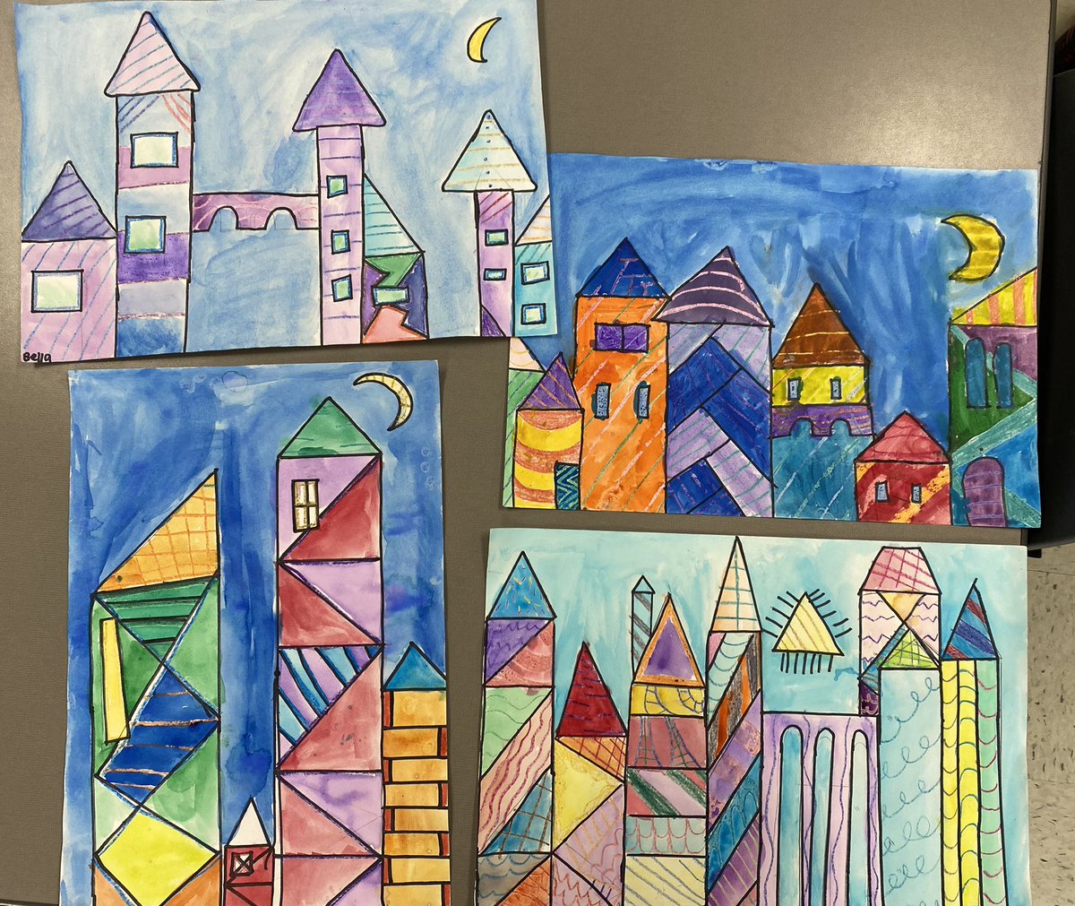 HVEArt's tweet photo. A few finished, Paul Klee inspired, castles/villages. @hvefletcher Awesome job! Geometric shapes, Metallic crayons and watercolor. #lifeisgoodathve https://t.co/vnvPkjv5Cq