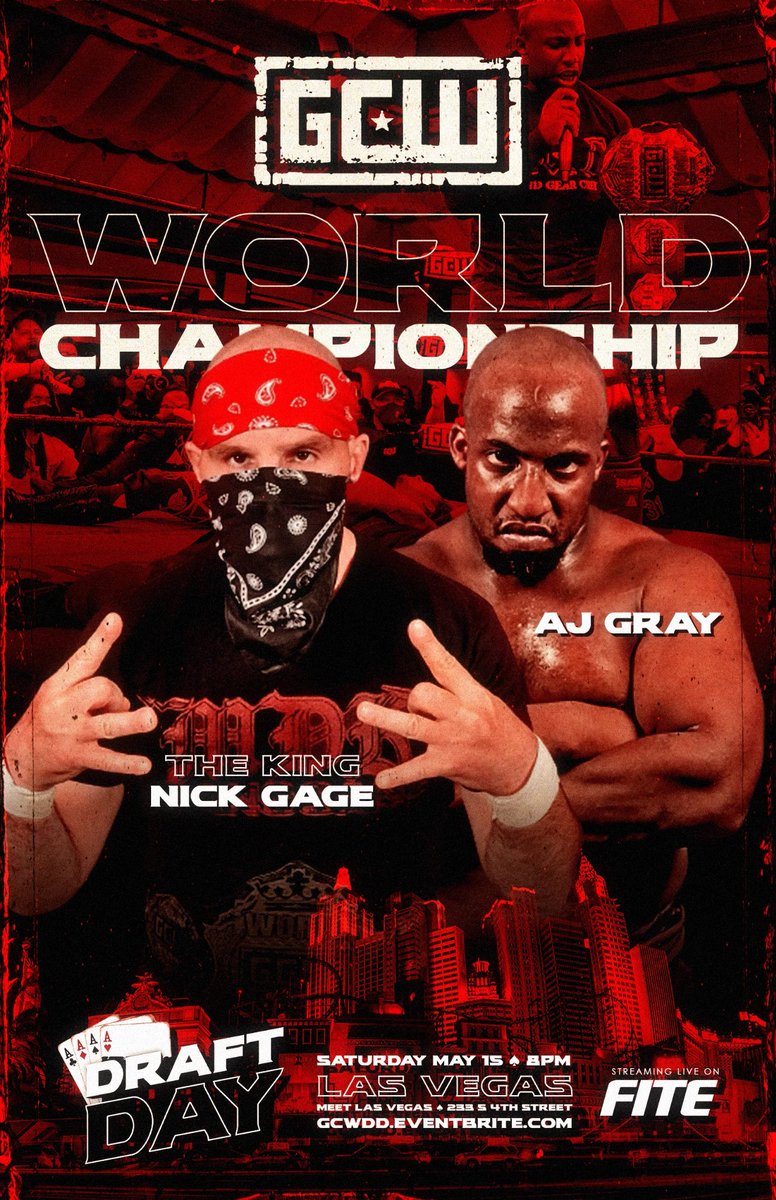 GameChangerWrestling on Twitter: "*This SATURDAY* The King NICK fn GAGE returns to the ring GCW debuts in Las Vegas for #GCWDRAFTDAY! *GCW World Title Match* NICK GAGE vs AJ GRAY Watch Live