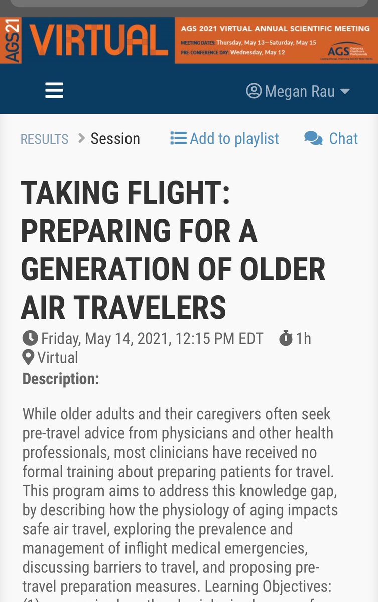Megan Rau (@meganerau) on Twitter photo Excited to present at #AGS2021 on Travel in Older Adults!
Iām joining panelists speaking on the physiological effects of air travel, travel tips and in-flight medical emergencies.
See you Friday at 12:15 EST <a href="/LoewenthalMd/">Julia Loewenthal, MD</a> <a href="/LeahJWitt/">Leah Witt, MD</a> <a href="/nyugrossman/">NYU Grossman School of Medicine</a> <a href="/nyulangone/">NYU Langone Health</a> Excited to present at #AGS2021 on Travel in Older Adults!
Iām joining panelists speaking on the physiological effects of air travel, travel tips and in-flight medical emergencies.
See you Friday at 12:15 EST <a href="/LoewenthalMd/">Julia Loewenthal, MD</a> <a href="/LeahJWitt/">Leah Witt, MD</a> <a href="/nyugrossman/">NYU Grossman School of Medicine</a> <a href="/nyulangone/">NYU Langone Health</a>