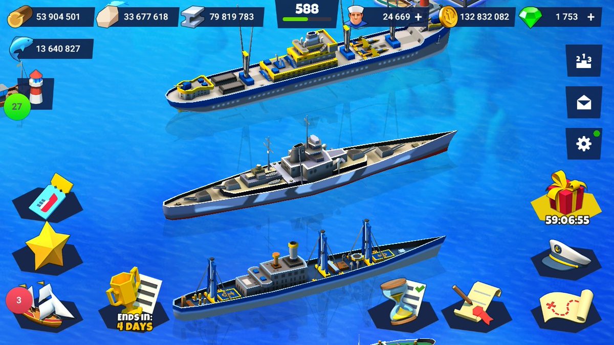 Rachel46604571's tweet photo. Uh-oh. WWII German ship Bismark is sharing port space with USS Carina and USS Murzim. Expect hostilities. #seaportgame @pixelfederation https://t.co/NrksemSyv7