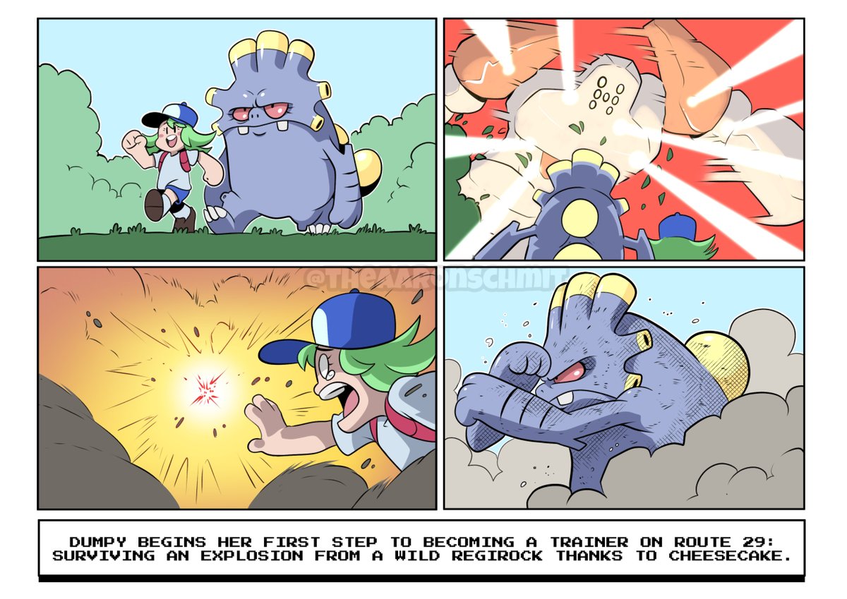 02 - As soon as Dumpy begins her journey on Route 29, she is immediately cornered by a Regirock that uses Explosion! AND AGAINST ALL ODDS, the beefcake that is Cheesecake brushes off the rock titan's dying blast like it was nothing! 