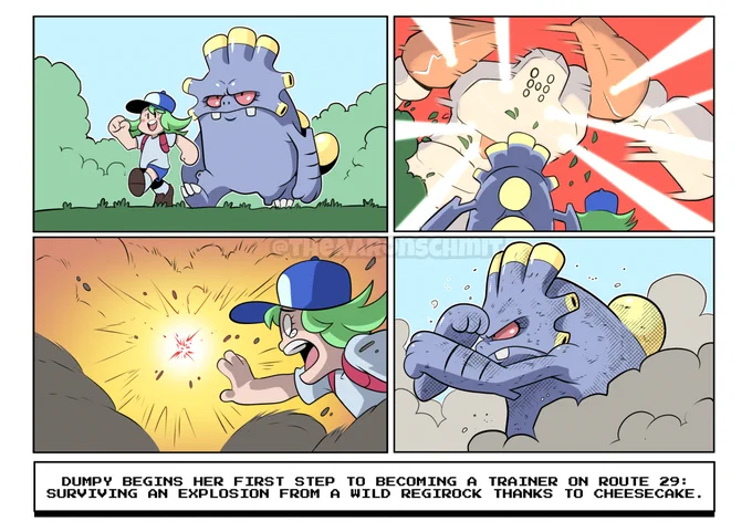 02 - As soon as Dumpy begins her journey on Route 29, she is immediately cornered by a Regirock that uses Explosion! AND AGAINST ALL ODDS, the beefcake that is Cheesecake brushes off the rock titan's dying blast like it was nothing! 