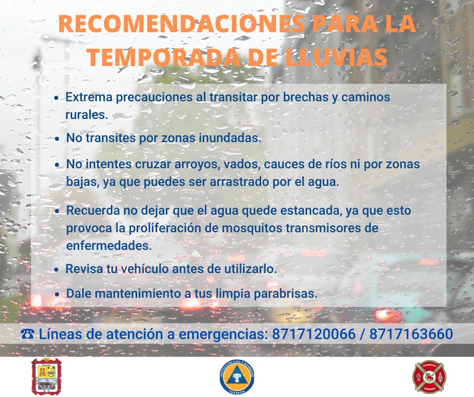 #Entérate 📣 La <a href="/conagua_clima/">CONAGUA Clima</a> pronostica un 60% de probabilidad de 🌧 lluvia, muy menor a los 10 milímetros y rachas de 🌬 viento de hasta 30 km/hr. 

#Recuerda 🚒 Personal pendiente 24/7 para cualquier 🚨 emergencia en: 8717.12.00.66 y 8717.16.36.60.