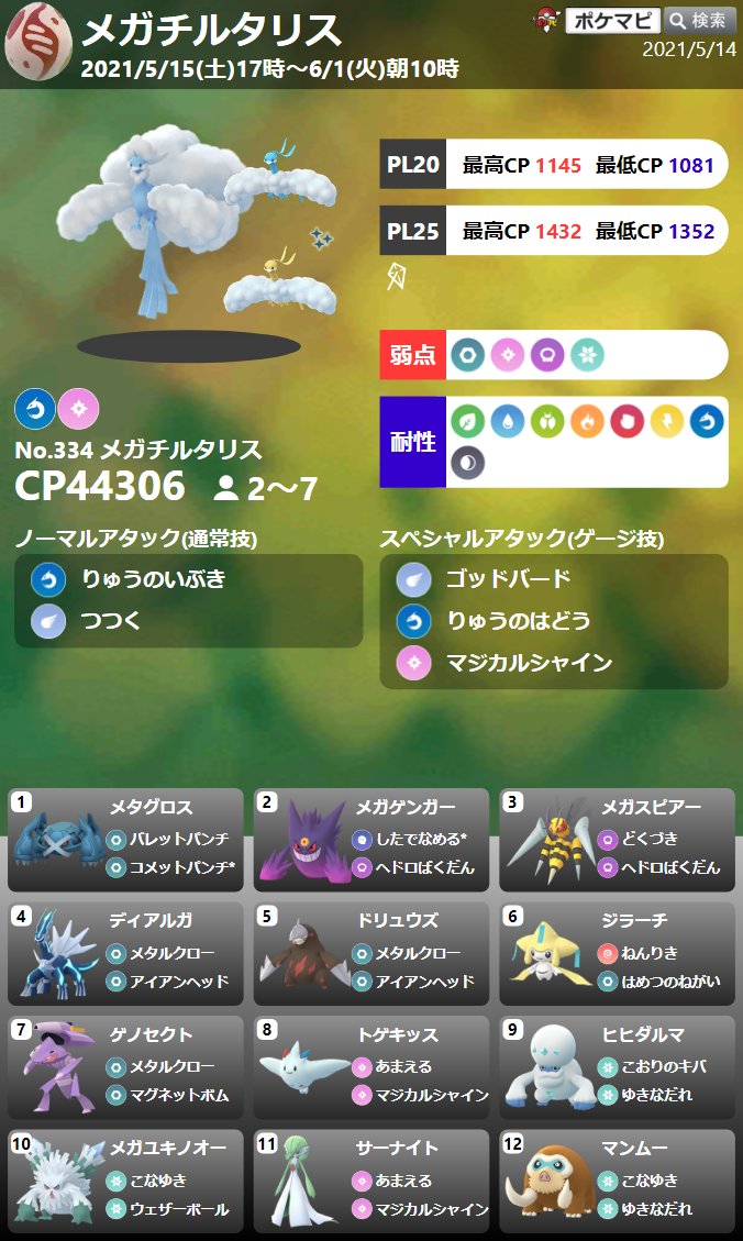 ポケモンgo攻略情報 ポケマピ チルット のコミュニティデイ 5 15 土 11時 17時 チルタリスの特別な技 ムーンフォース 孵化距離1 4 限定スペシャルリサーチ 5 15 土 17時 メガチルタリス初登場 など 攻略情報は動画でも紹介しています