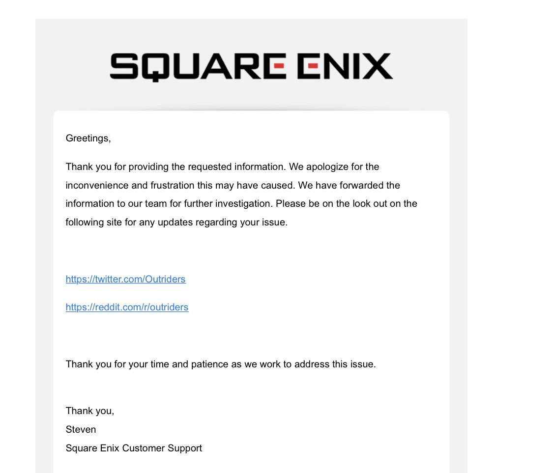 FutureLegend_23's tweet photo. @Outriders I still have not received my inventory restored, or any thank you package that was promised to players who started playing between March and April. I have already filed a case and you guys stated that your working hard to fix this issue, but still nothing has been restored. https://t.co/KqpdddW30K