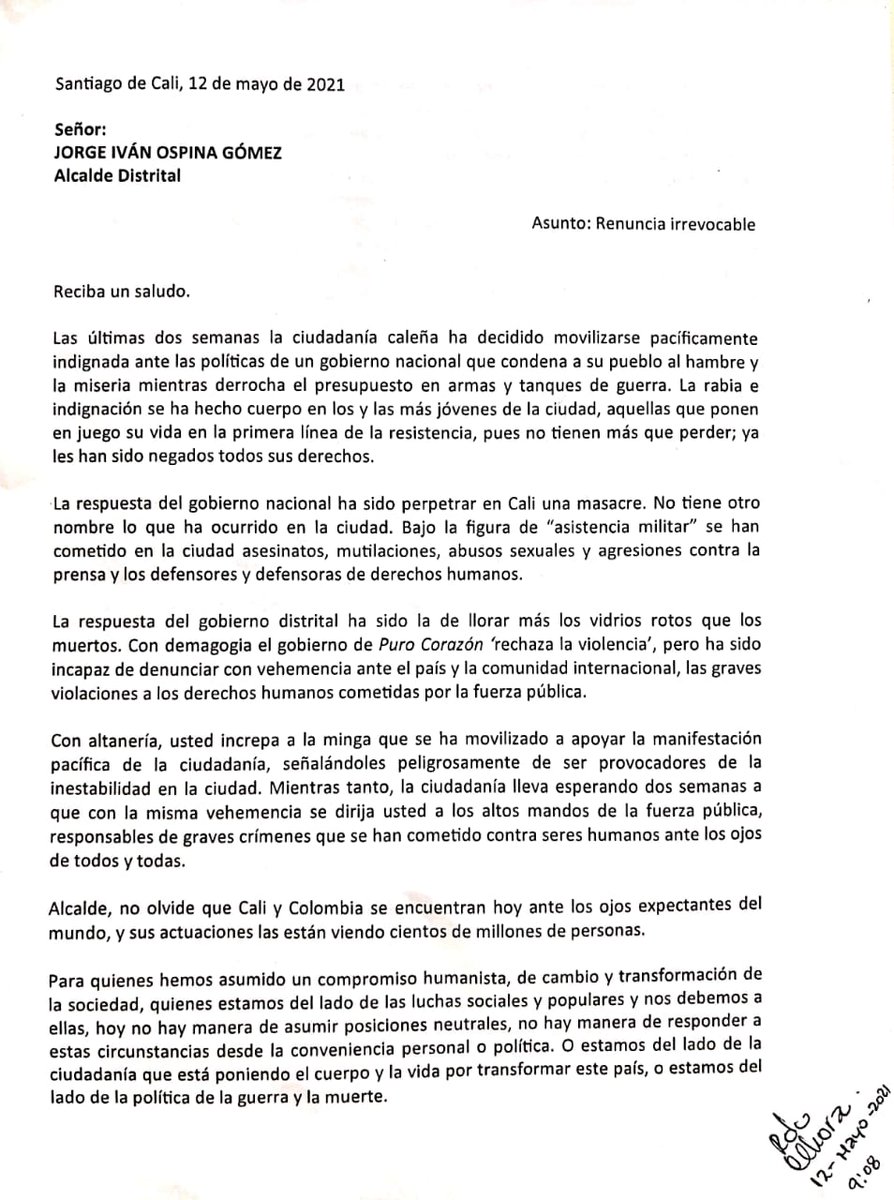 Youranonsend's tweet photo. En la mañana de hoy JorgeIvanOspina renunció irrevocable al cargo de Subsecretaria https://t.co/UuAJ9dLet1