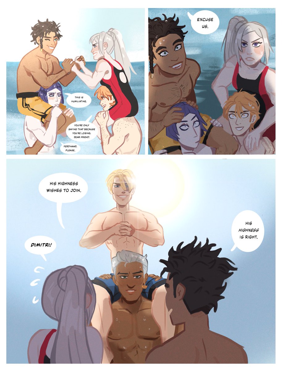 More beach shenanigans! I assume ferdinand sauntered over with edelgard in tow and challenged claude, hilda feigned a deadly illness and so poor lorenz was recruited.

And obviously dimitri and dedue cannot allow them to have all the fun. 