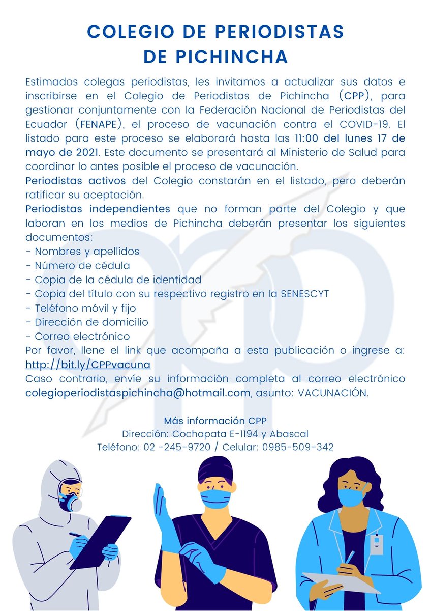 cppecuador's tweet photo. #VacunaCOVID19 | Actualiza tus datos en el Colegio de Periodistas de Pichincha (CPP), para gestionar conjuntamente con la Federación Nacional de Periodistas del Ecuador (FENAPE), el proceso de vacunación contra el COVID-19.
✏️ https://t.co/9YfzU5VD1F https://t.co/yjM4X6Axtv