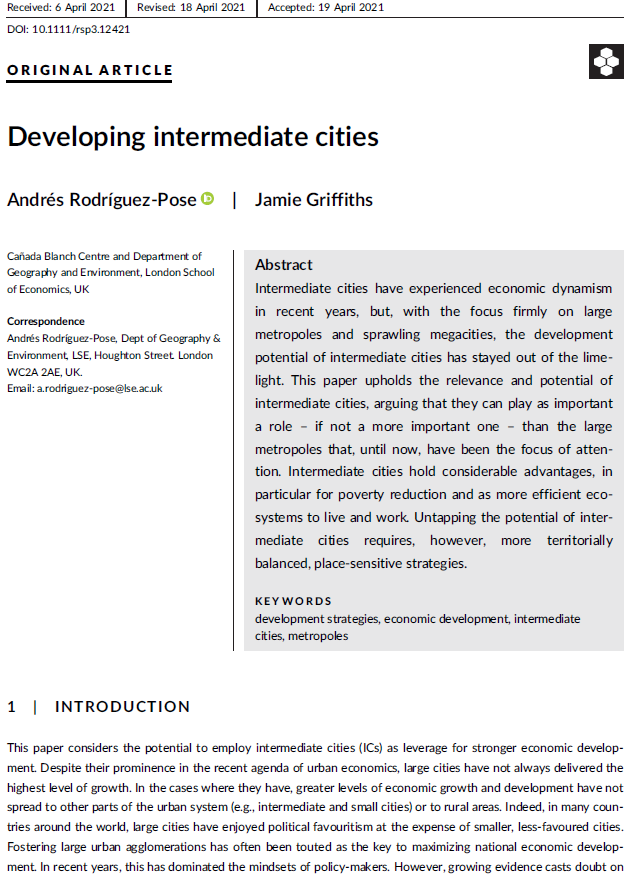 rodriguez_pose's tweet photo. Intermediate #cities have considerable potential to grow at a fast rate &amp; to tow the #growth of the countries where they are located with them
"Developing #intermediatecities," with Jamie Griffiths, out now in Regional Science Policy &amp; Practice
https://t.co/vwnXKCpf8w
#openaccess https://t.co/MgFMXrJh7h
