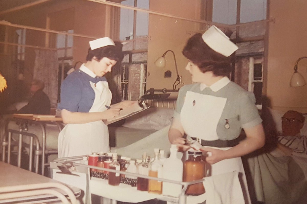 My Mom (left) training as a nurse in Belfast (or London) c. 1960
.
#NursesWeek2021