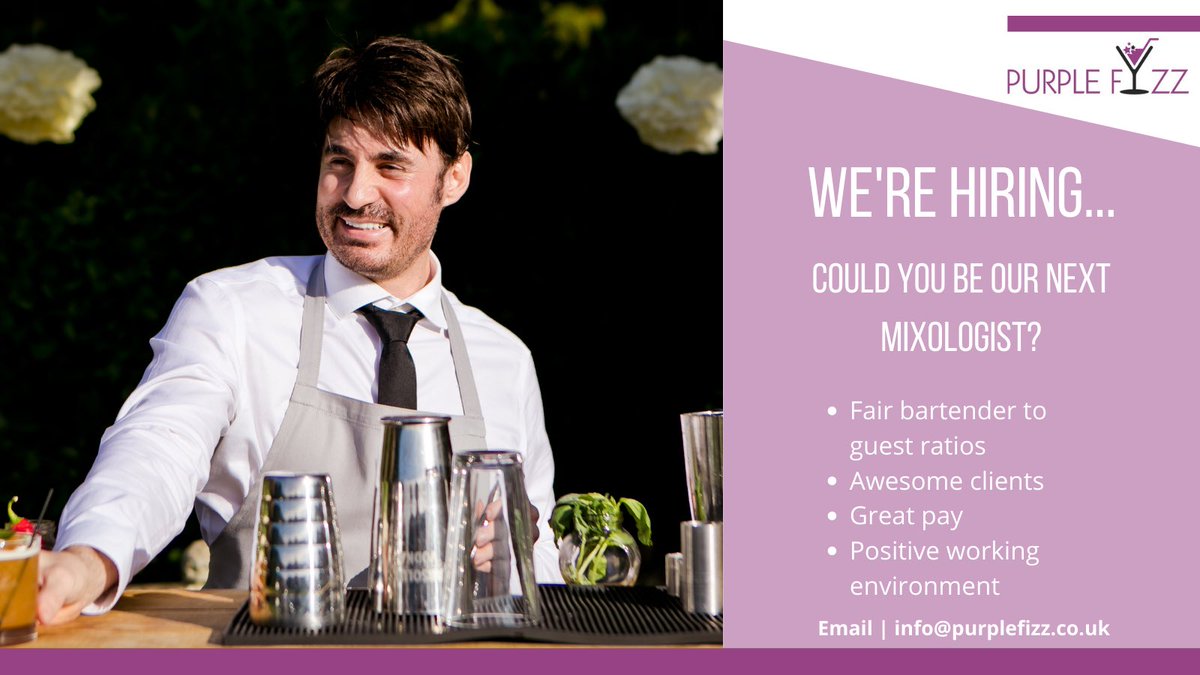 purplefizzuk's tweet photo. Do you have character? ✅ Can you build rapport? ✅ Are you passionate about excellent service? ✅ We’re growing our team this summer and recruiting awesome mixologists. If you can answer yes and have experience in cocktail bartending to a professional standard, email us your CV. https://t.co/E4y9k2ki2l