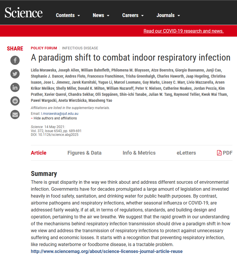 Une quarantaine de scientifiques réclament dans la revue Science un "changement de paradigme dans la façon dont nous abordons la transmission des infections respiratoires", passant notamment par la mise en place de normes de ventilation dans les bâtiments.
science.sciencemag.org/content/372/65…