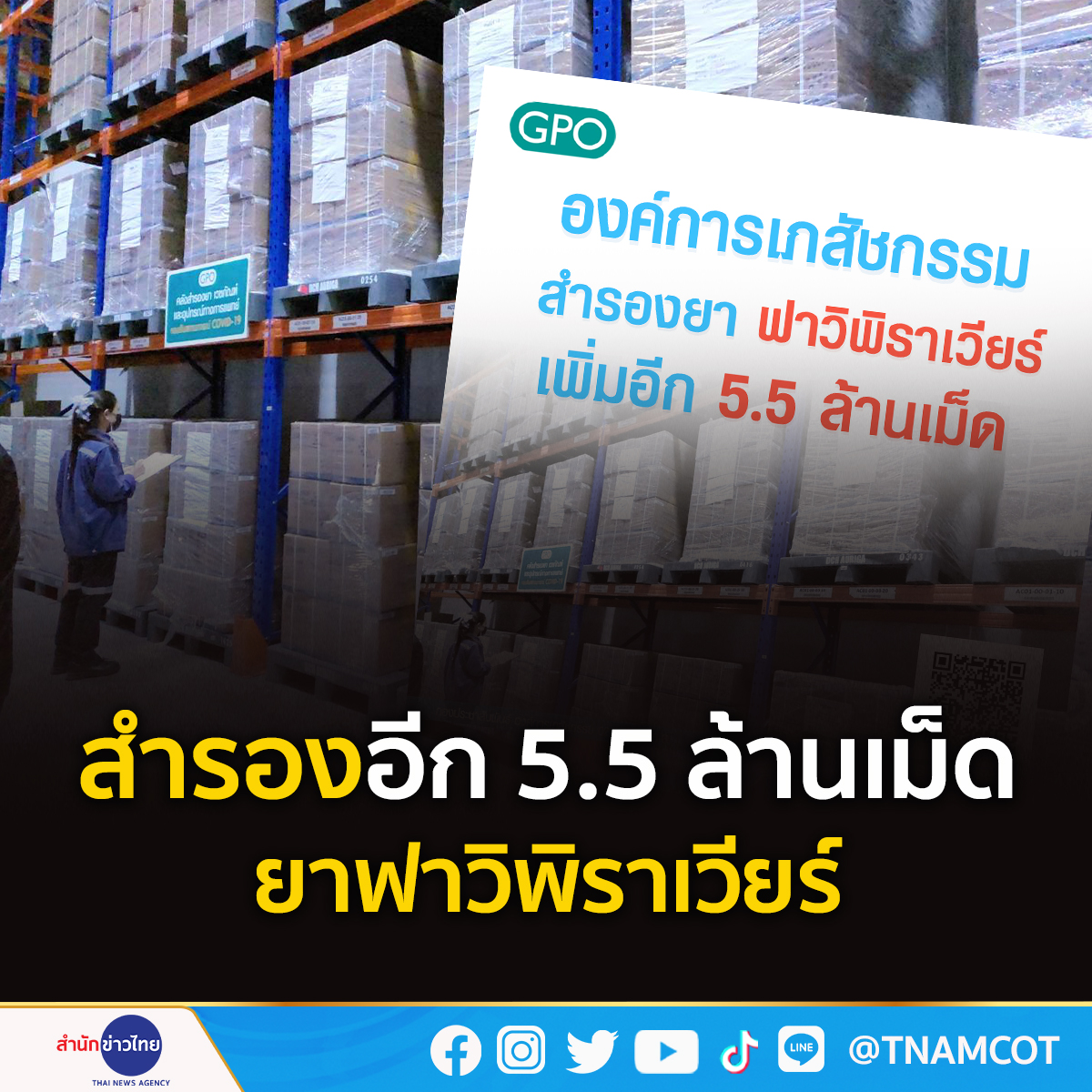 TNAMCOT's tweet photo. #องค์การเภสัชกรรม เพิ่มการสำรอง #ยาฟาวิพิราเวียร์ อีก 5.5 ล้านเม็ด โดยวันนี้ (14 พ.ค.) มาถึงคลังยาองค์การเภสัชกรรม 3 ล้านเม็ด และวันที่ 17 พ.ค. เพิ่มอีก 2.5 ล้านเม็ด พร้อมกระจายสู่หน่วยบริการสาธารณสุขทั่วประเทศ เพื่อรองรับผู้ป่วยโควิด-19
.
https://t.co/TH36vMJIAW https://t.co/rbFTBWu3eq
