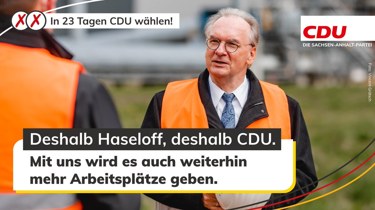 Was wollen wir als CDU #SachsenAnhalt erreichen? Wir werden die Arbeitslosenquote weiter senken und Zukunftsperspektiven schaffen. 
Darum setzen Sie in 2️⃣3️⃣ Tagen  beide Kreuze bei der CDU!
👉🏻 cdulsa.de/sites/www.cdul…

#UnsereHeimatUnsereVerantwortung