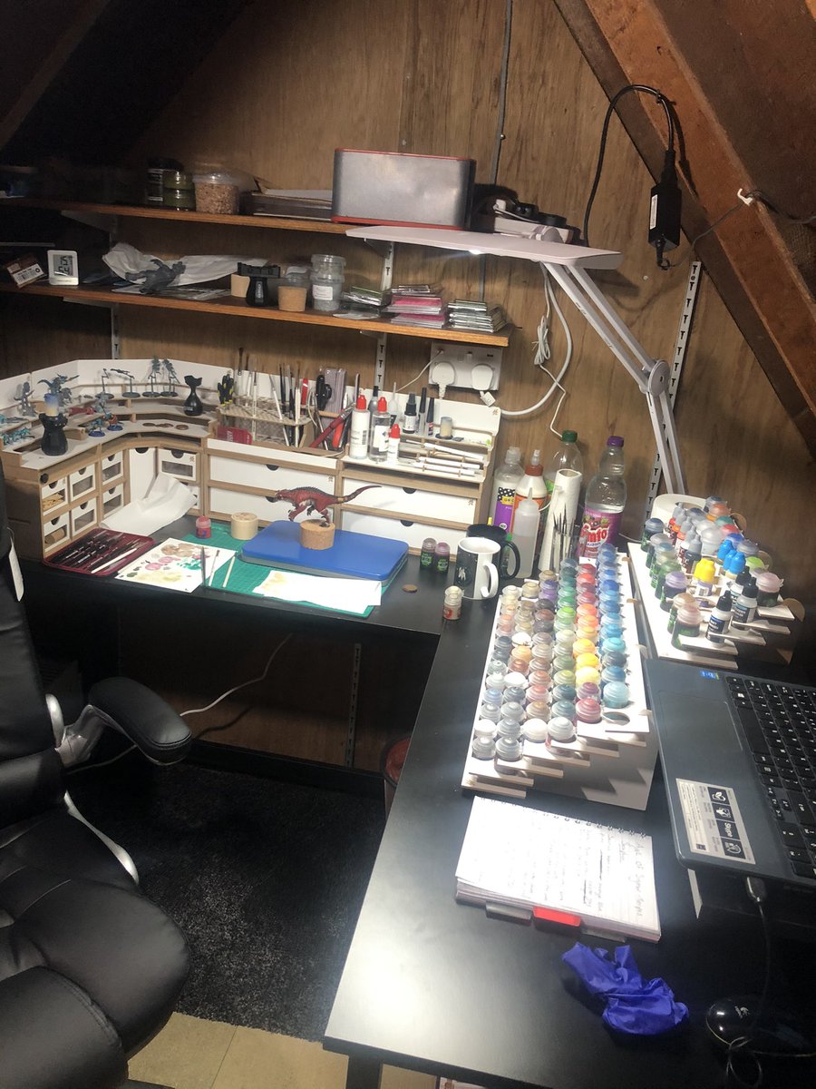 Some people have a hobby room well mines is a hobby loft. Freezing in winter and roasting in the summer. But its great its my space. Love it. #hobbyroom #Warhammer