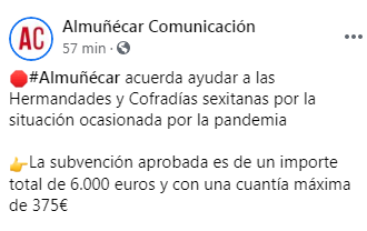 ACTUALIDAD | <a href="/AlmunecarCom/">Almuñécar Comunicación</a> informa que el <a href="/AlmunecarAyto/">Almuñécar-Herradura</a> ha aprobado una subvención para ayudar a las Hermandades y Cofradías sexitanas por la situación ocasionada por la pandemia
#Almuñécar #CofradíasAlmuñécar #SemanaSantaAlmuñécar #AlmuñécarPenitente
📷 Facebook <a href="/AlmunecarCom/">Almuñécar Comunicación</a>