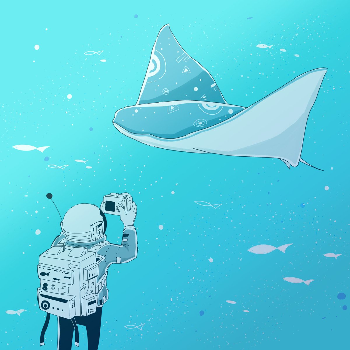 camera holding camera whale holding fish backpack solo  illustration images