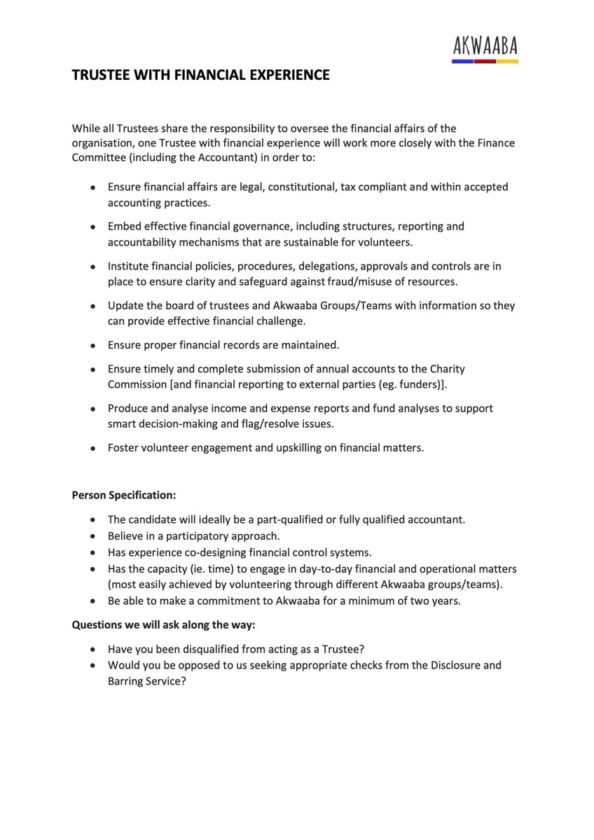 We're looking for a trustee with financial experience to help us make the best use of our financial resources. Could that be you? 

Take a look at our person specification below, and if you think you can help, or if you want more info, get in touch: hello@akwaaba.org.uk