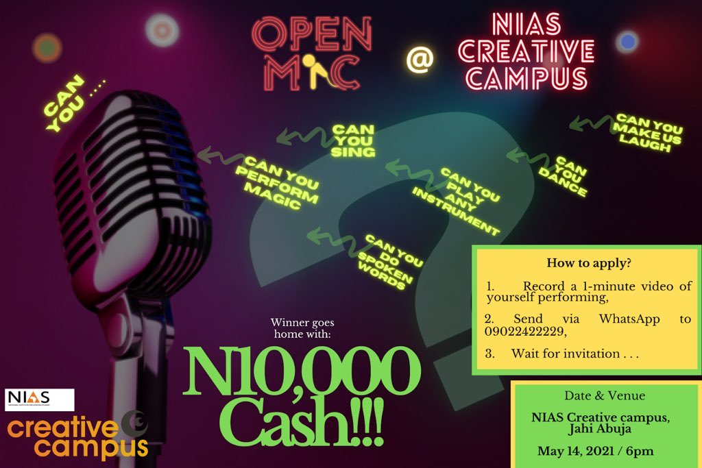 LIGHTS💡CAMERA🎥 ACTION 🎬 IT’S OUR FIRST FREE OPEN MIC NIGHT 🎤 What happens at NIAS OPEN MIC stays at OPEN MIC Whether you’re a musician, poet, comedian -or any other form of performance artist we welcome you Location: g.page/NIAS-SUITES?gm #ArewatwitterCommunity