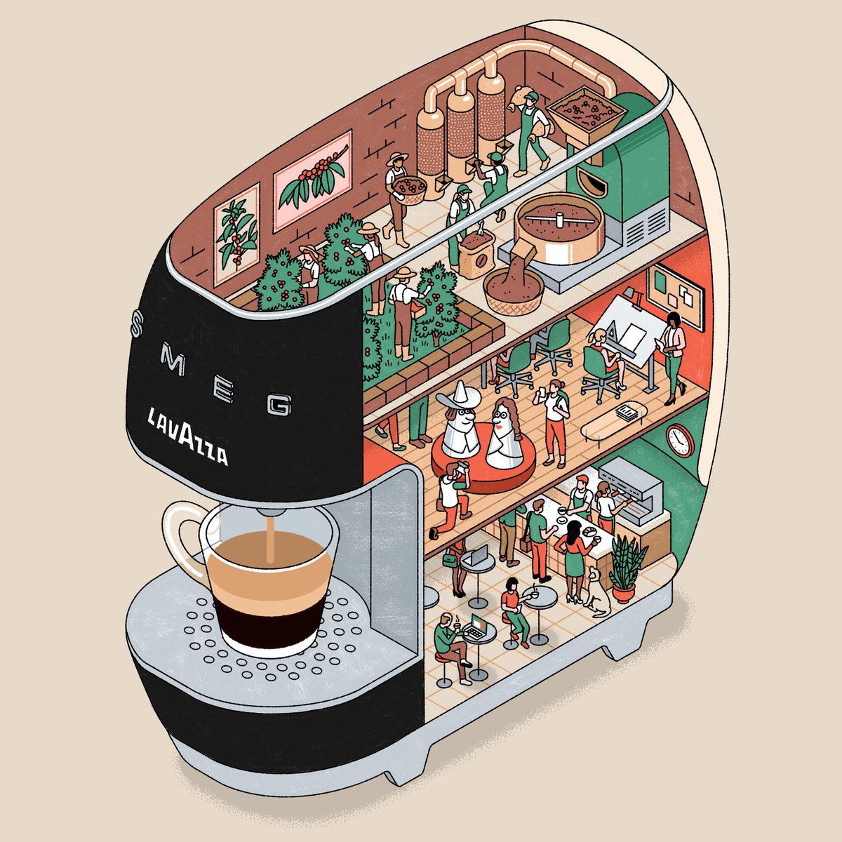 Some months ago I had so much fun drawing the inside view of #Lavazza a Modo Mio #SMEG #espresso machine.

Thanks to <a href="/simonesbarbati/">Simone Sbarbati</a>  for involving me in this project