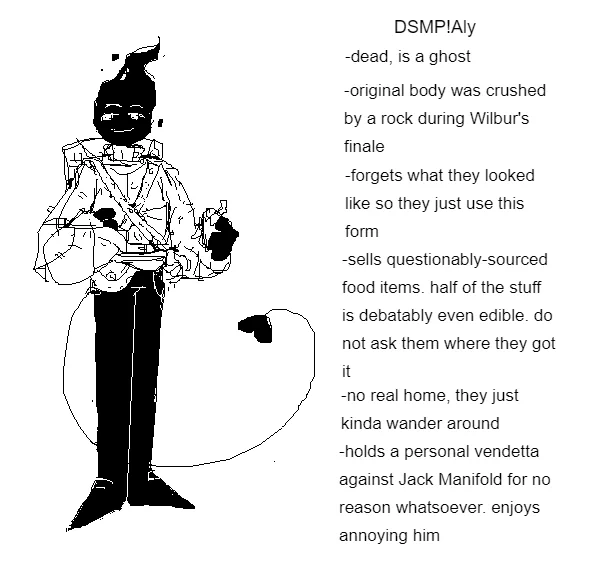 really quick dsmp sona design i sketched in ms paint with my mouse (i'll do a more proper ref for them later when i have my tablet jskdfg)
i am simply Vibing 