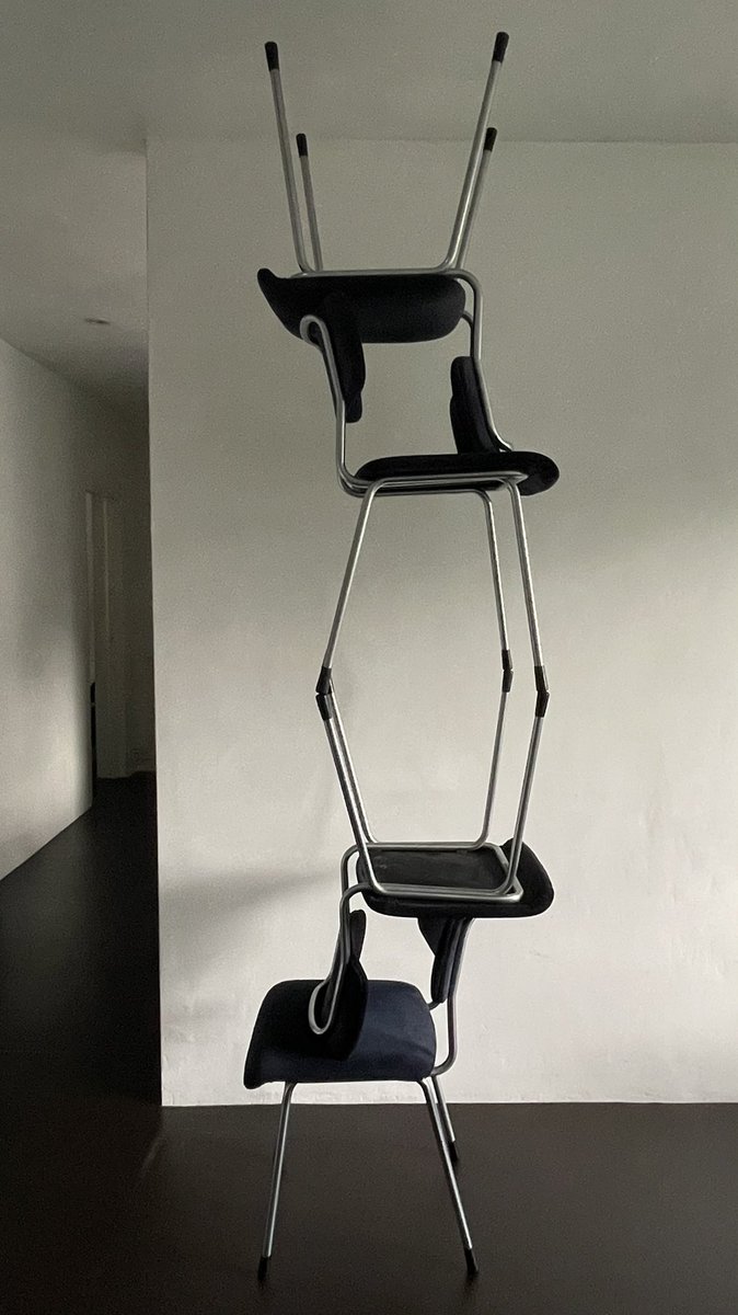 marniXRealities's tweet image. &apos;Acrobatic Chairs&apos;

If you have four equal seats and if you dare, make this stack and share the result. I&apos;m curious! 

(please take care, do not leave the stack with small children around)